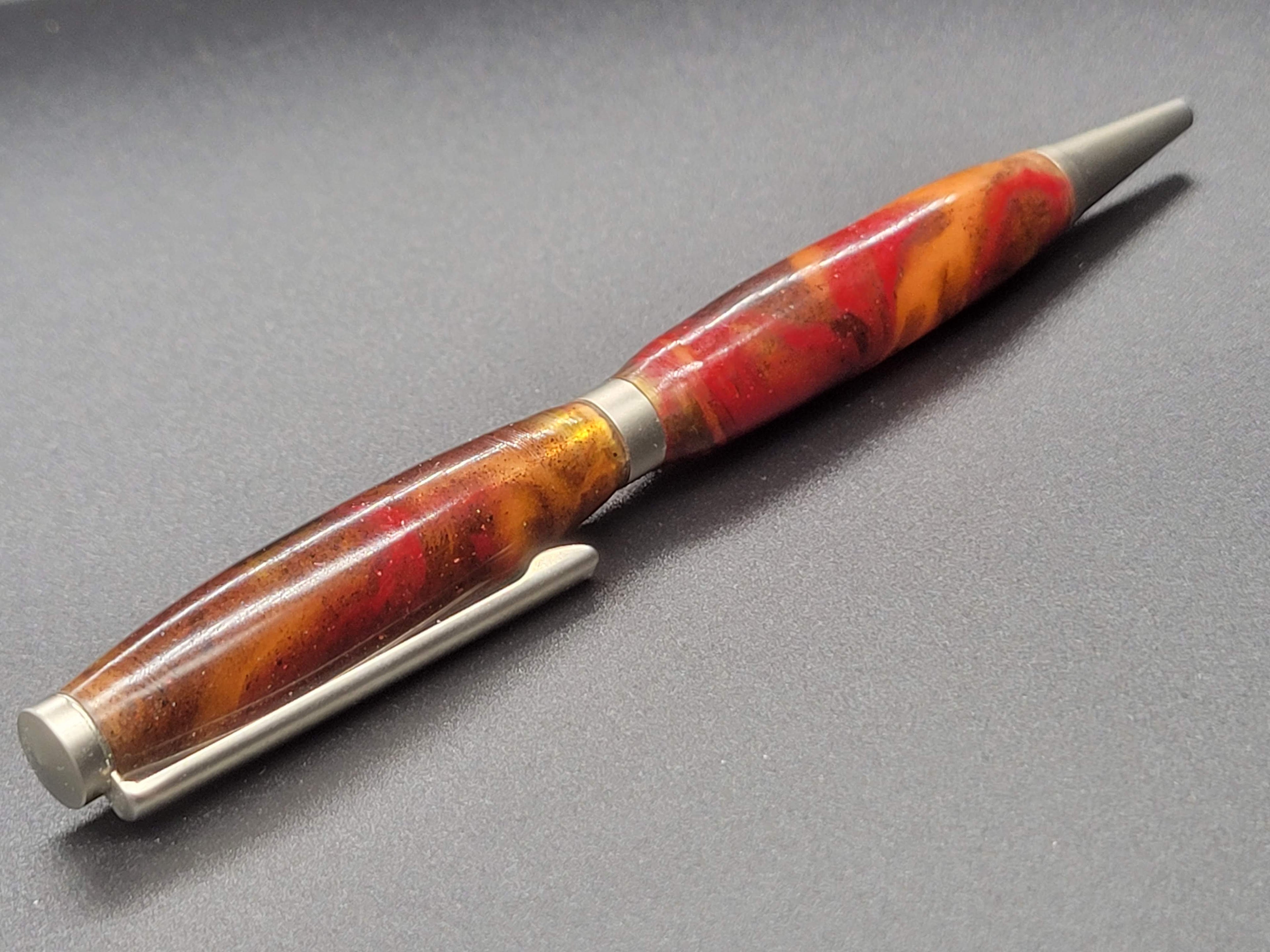 Slimline Brushed Satin Pen – Red Swirl Acrylic