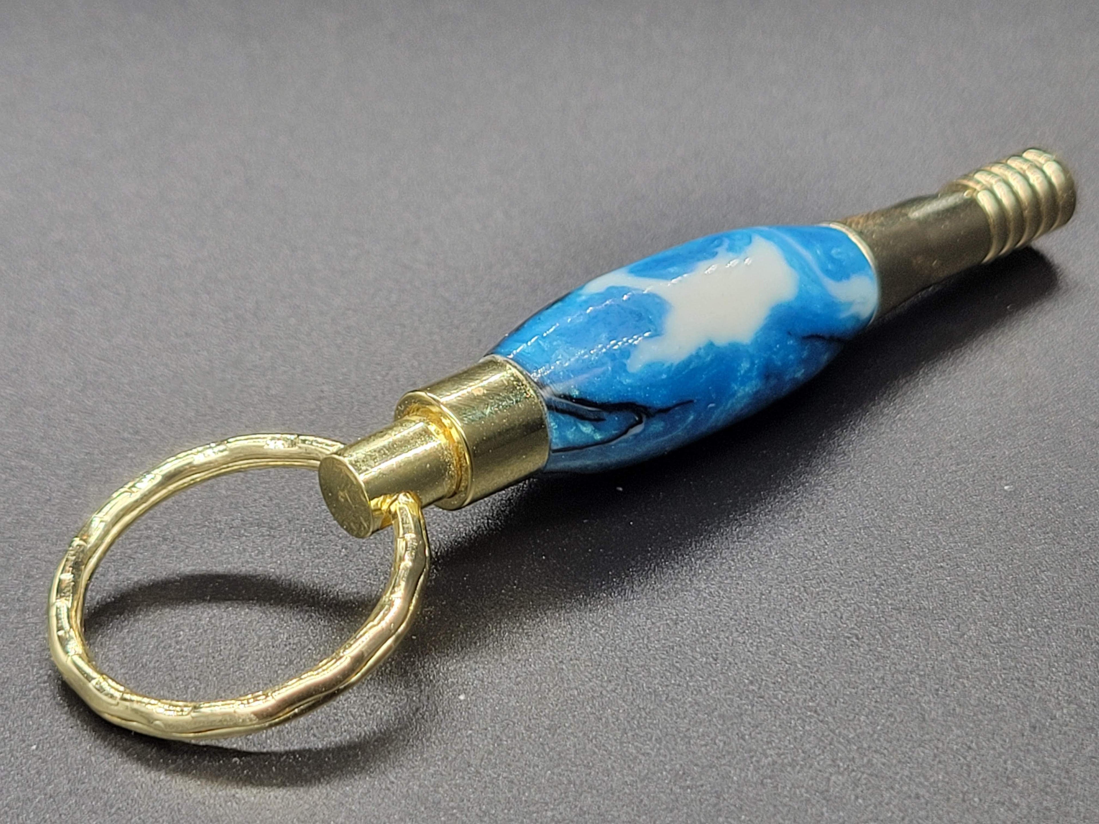 Whistle Key Ring Gold – White and Blue Swirl Acrylic