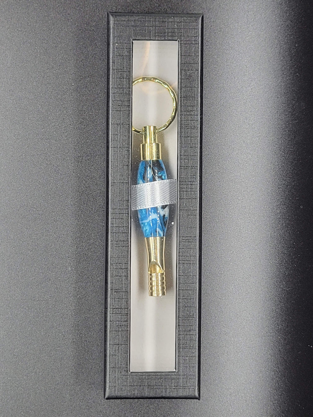 Whistle Key Ring Gold – White and Blue Swirl Acrylic