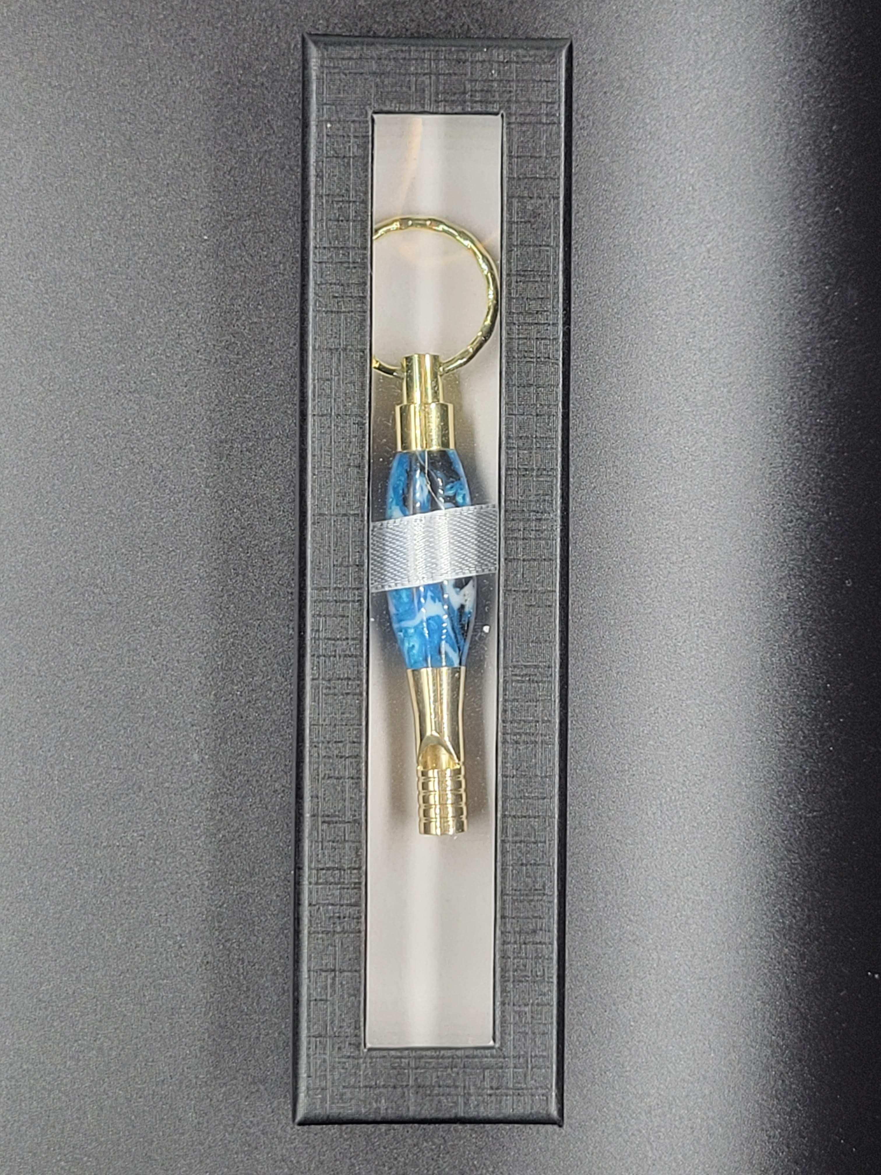 Whistle Key Ring Gold – White and Blue Swirl Acrylic